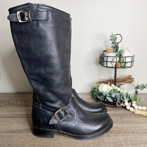 Frye Veronica Tall Slouch Black Leather Buckle Riding Boots